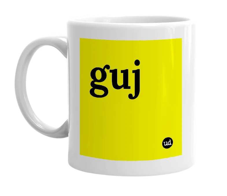 White mug with 'guj' in bold black letters