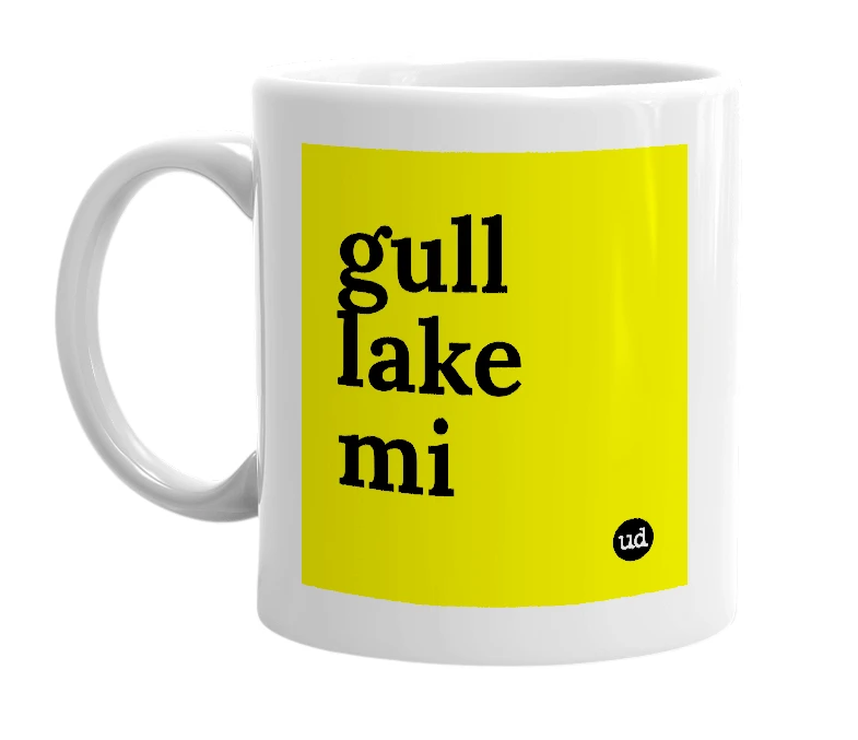 White mug with 'gull lake mi' in bold black letters