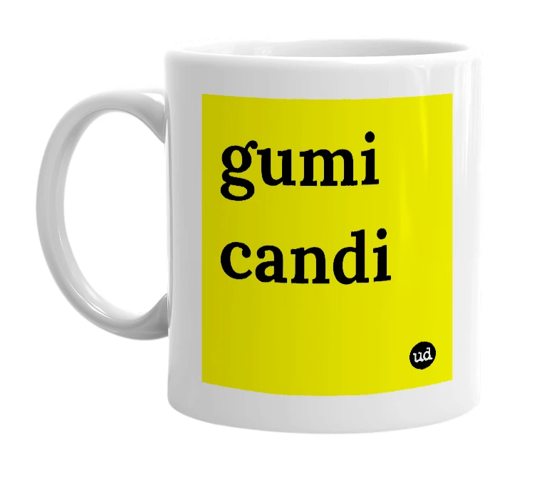 White mug with 'gumi candi' in bold black letters