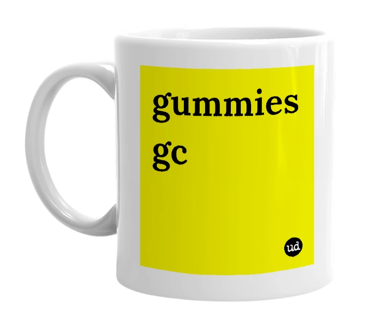 White mug with 'gummies gc' in bold black letters