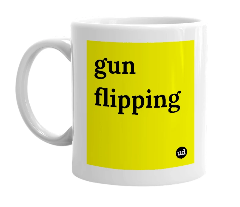 White mug with 'gun flipping' in bold black letters