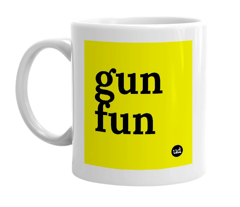 White mug with 'gun fun' in bold black letters