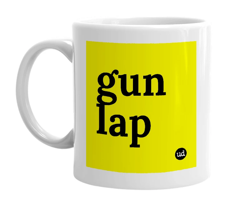 White mug with 'gun lap' in bold black letters