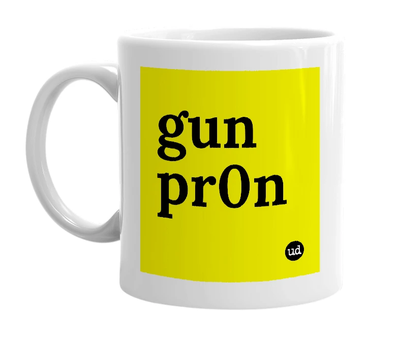 White mug with 'gun pr0n' in bold black letters