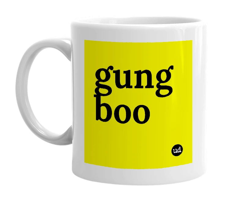 White mug with 'gung boo' in bold black letters