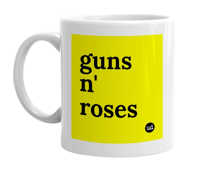 White mug with 'guns n' roses' in bold black letters