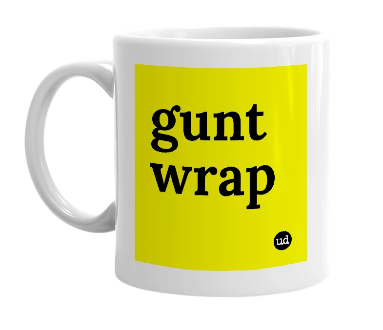 White mug with 'gunt wrap' in bold black letters