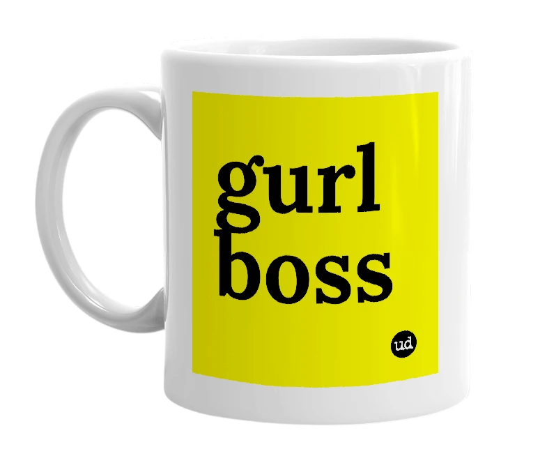 White mug with 'gurl boss' in bold black letters