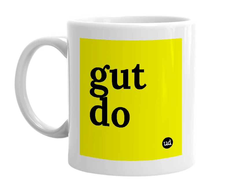 White mug with 'gut do' in bold black letters