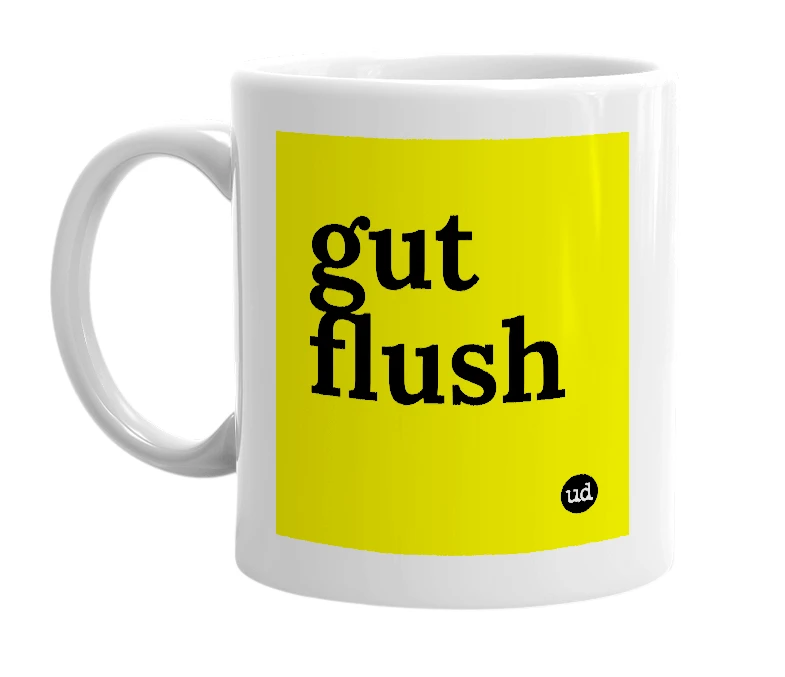 White mug with 'gut flush' in bold black letters