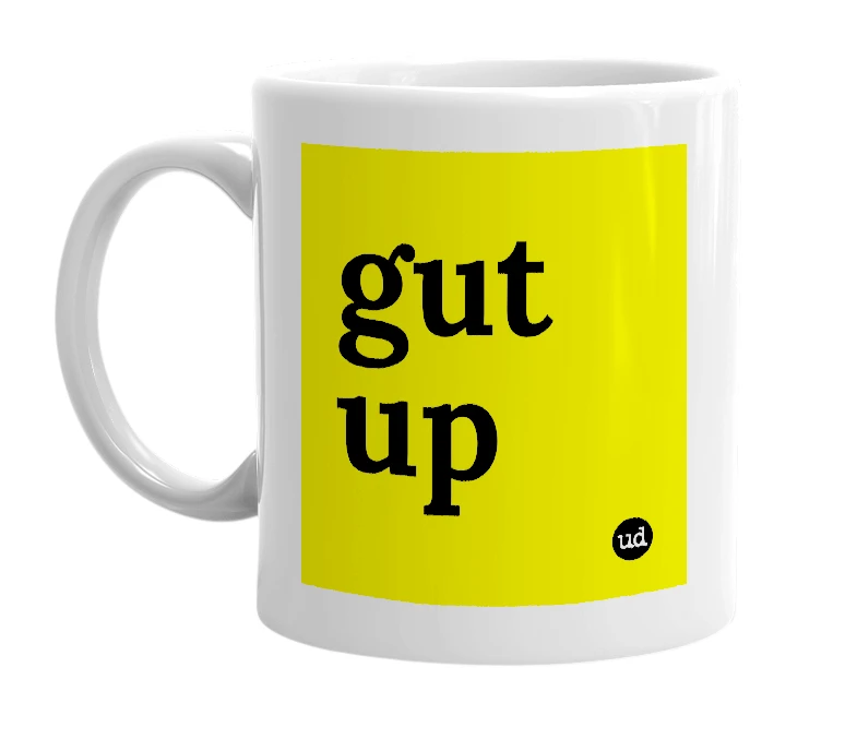 White mug with 'gut up' in bold black letters