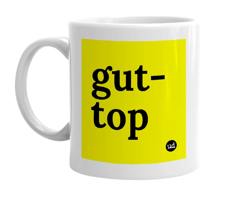 White mug with 'gut-top' in bold black letters