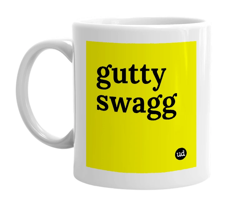 White mug with 'gutty swagg' in bold black letters