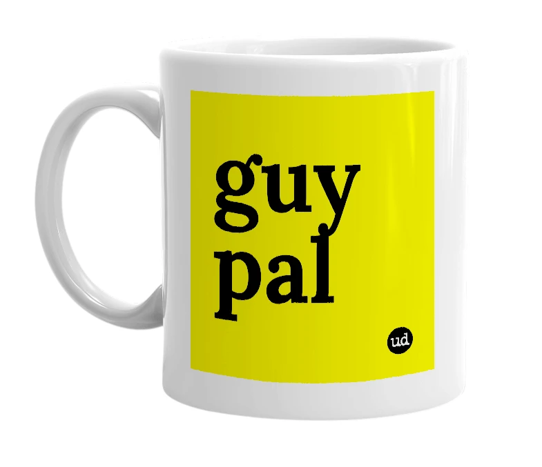White mug with 'guy pal' in bold black letters