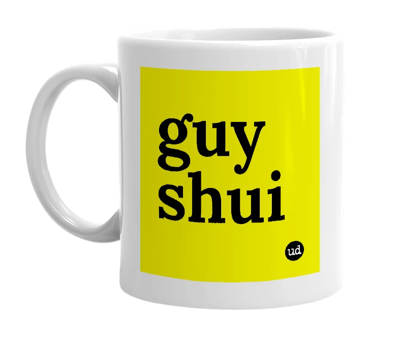 White mug with 'guy shui' in bold black letters