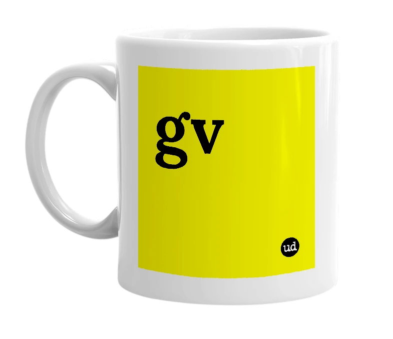 White mug with 'gv' in bold black letters