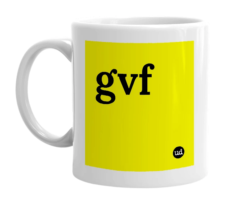White mug with 'gvf' in bold black letters