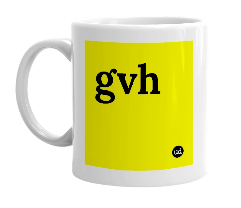 White mug with 'gvh' in bold black letters