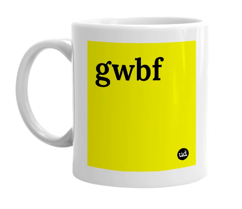 White mug with 'gwbf' in bold black letters