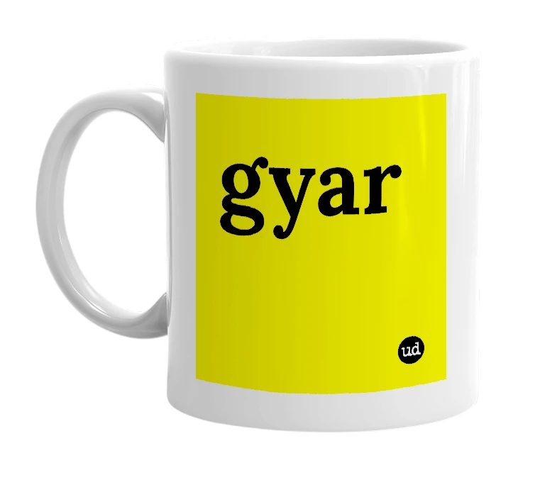 White mug with 'gyar' in bold black letters