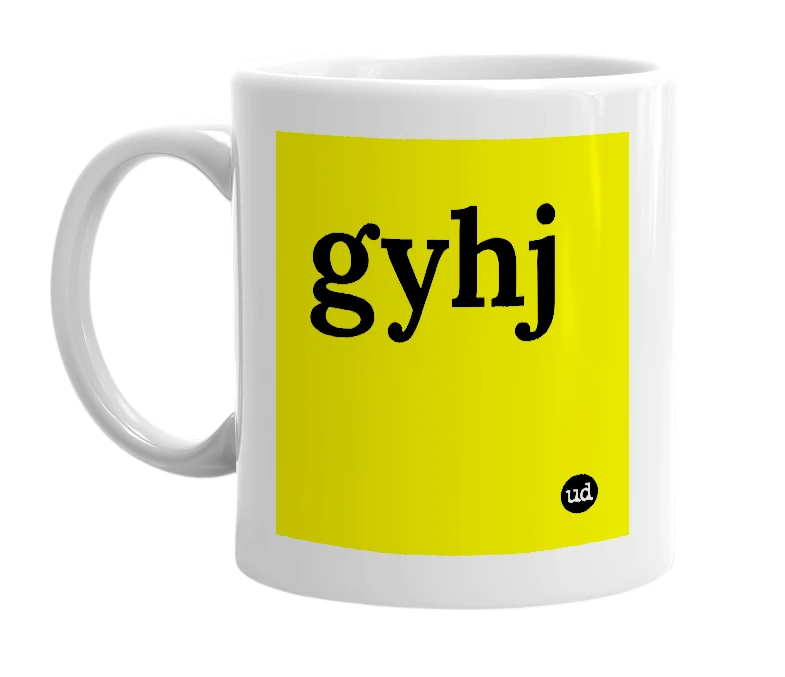 White mug with 'gyhj' in bold black letters