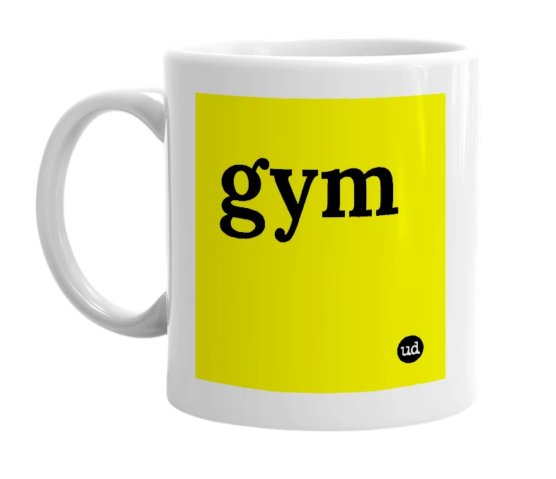 White mug with 'gym' in bold black letters