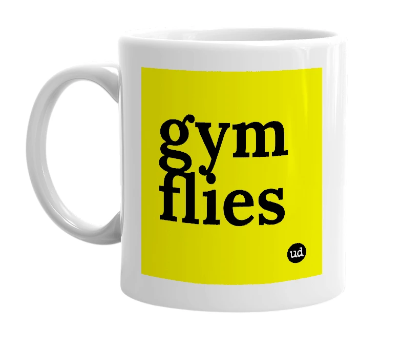 White mug with 'gym flies' in bold black letters