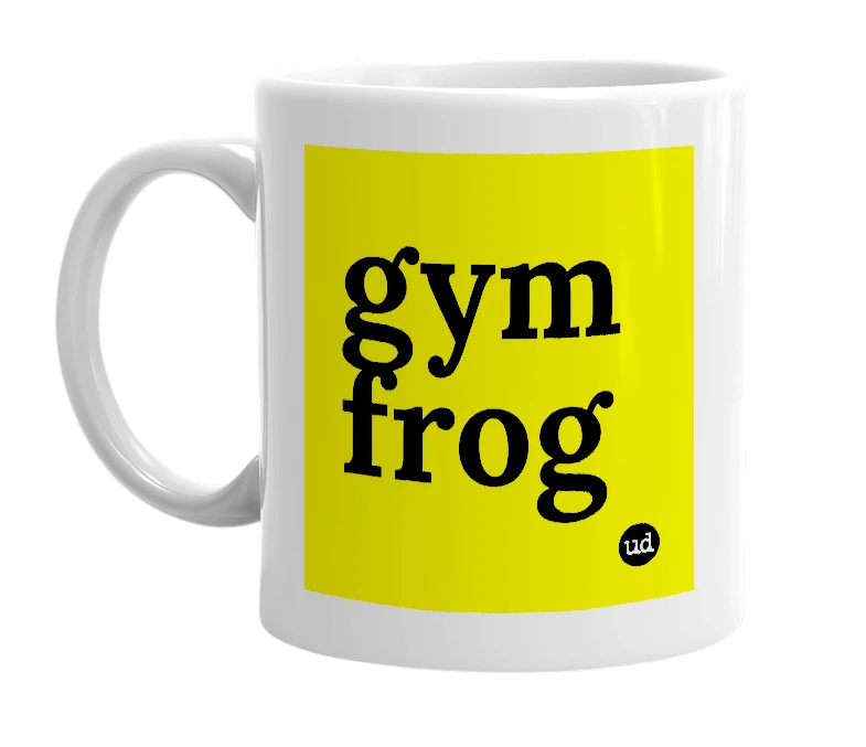 White mug with 'gym frog' in bold black letters