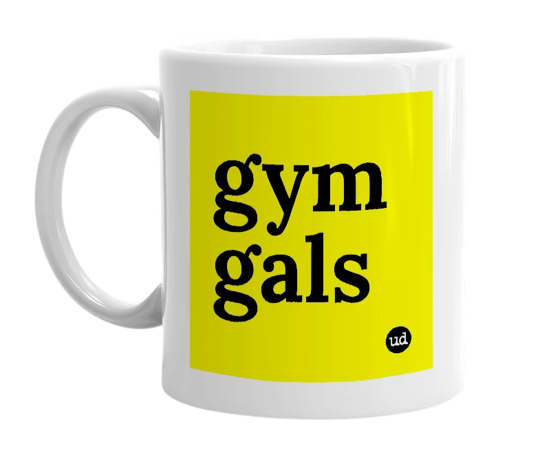 White mug with 'gym gals' in bold black letters