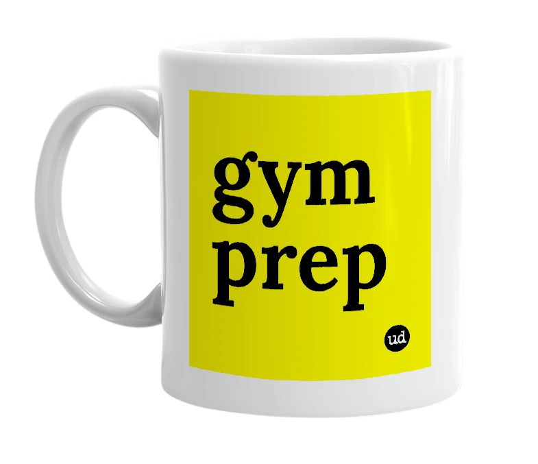 White mug with 'gym prep' in bold black letters