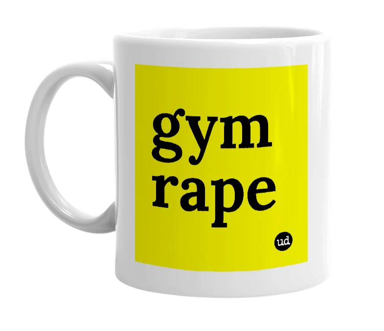 White mug with 'gym rape' in bold black letters