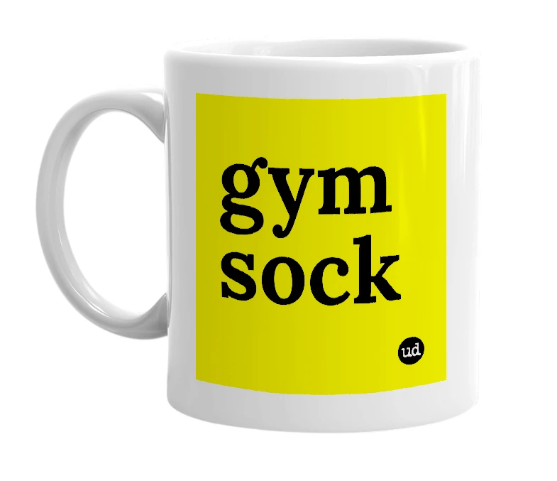 White mug with 'gym sock' in bold black letters