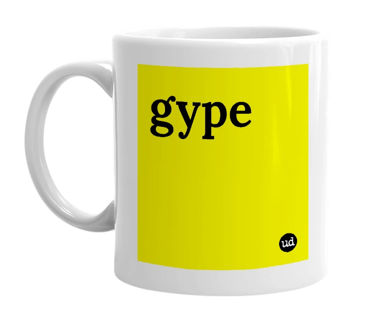 White mug with 'gype' in bold black letters