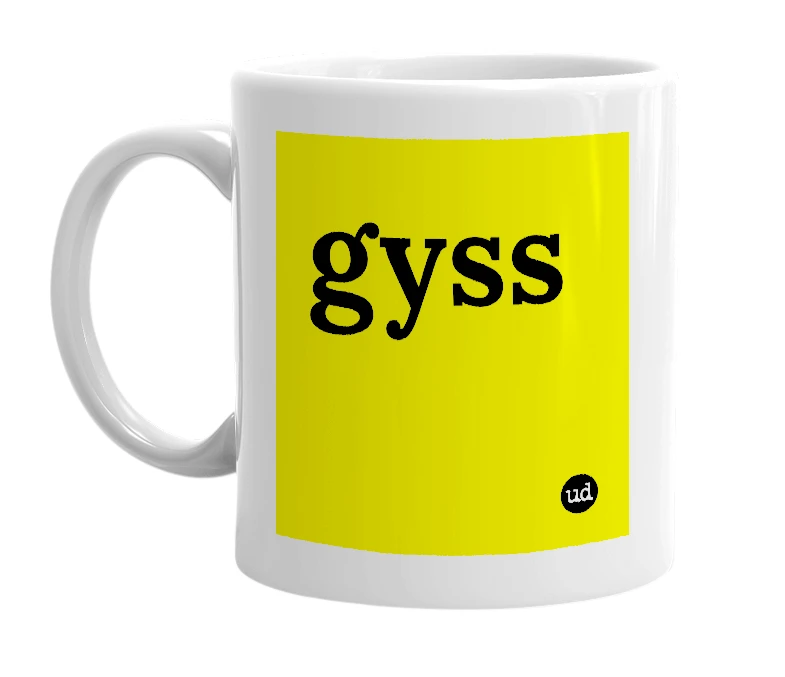 White mug with 'gyss' in bold black letters