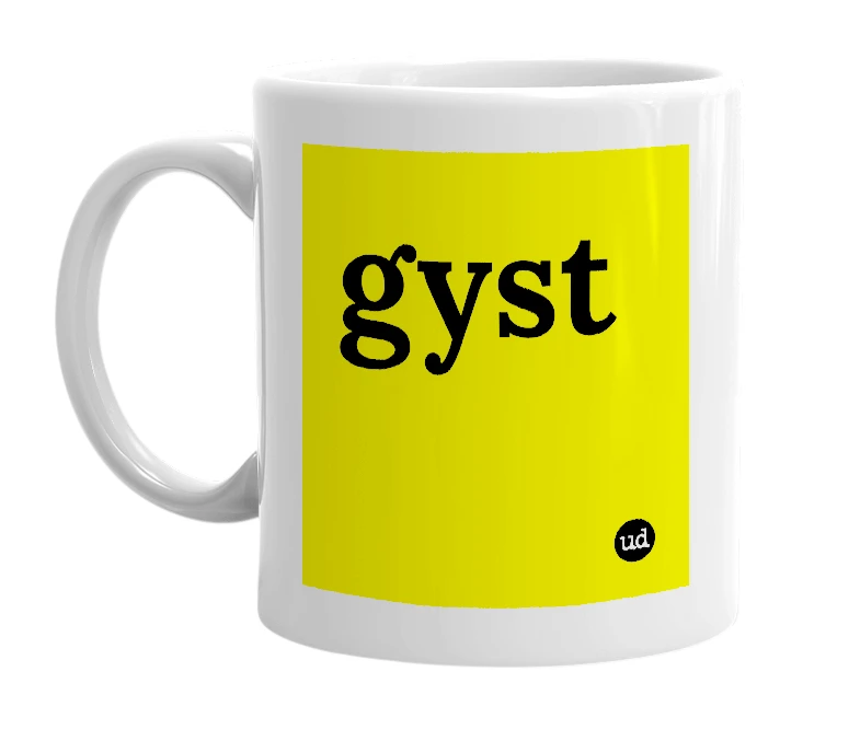 White mug with 'gyst' in bold black letters