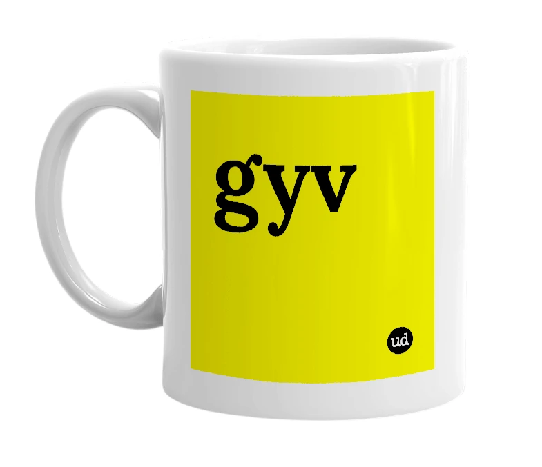 White mug with 'gyv' in bold black letters