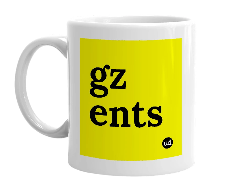 White mug with 'gz ents' in bold black letters