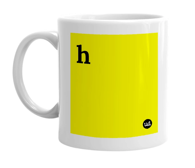 White mug with 'h' in bold black letters