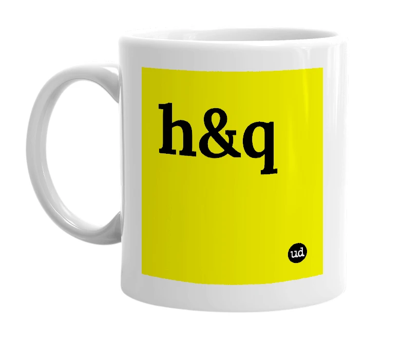 White mug with 'h&q' in bold black letters