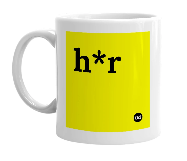 White mug with 'h*r' in bold black letters