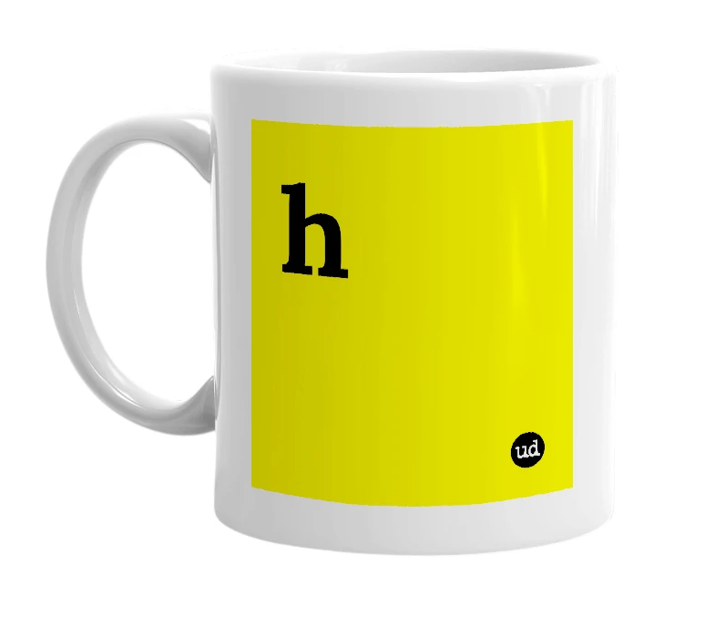 White mug with 'h' in bold black letters