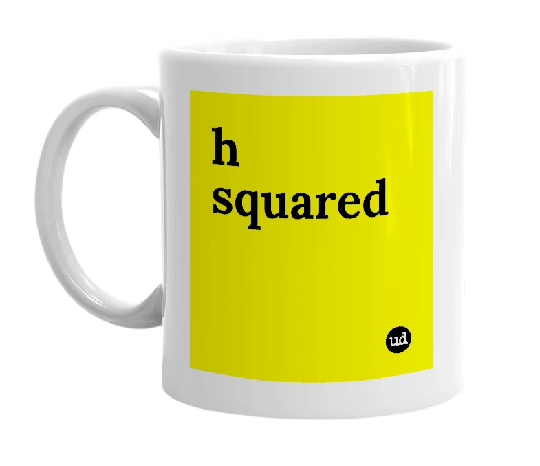 White mug with 'h squared' in bold black letters