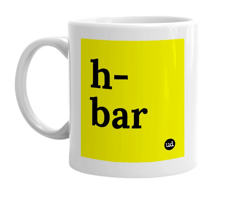 White mug with 'h-bar' in bold black letters