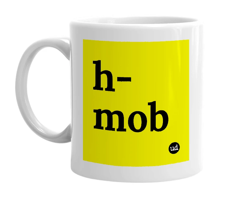 White mug with 'h-mob' in bold black letters