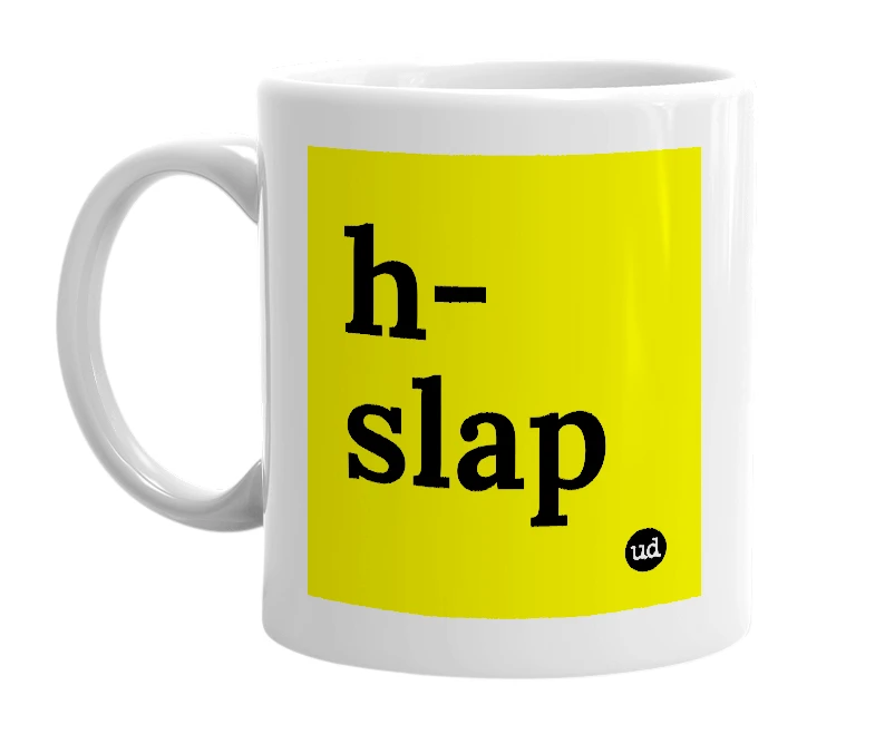 White mug with 'h-slap' in bold black letters