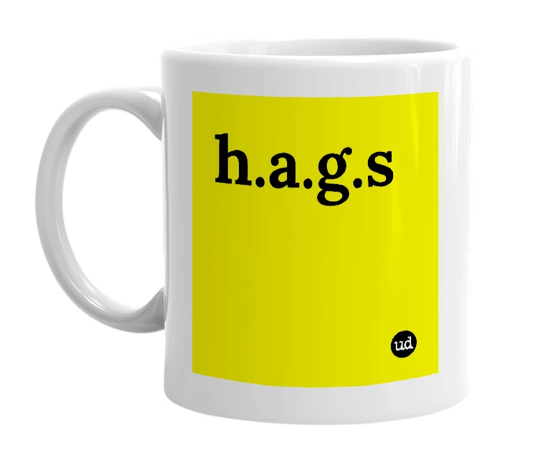 White mug with 'h.a.g.s' in bold black letters