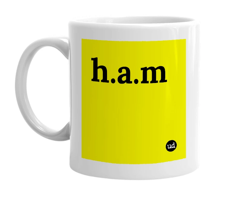 White mug with 'h.a.m' in bold black letters