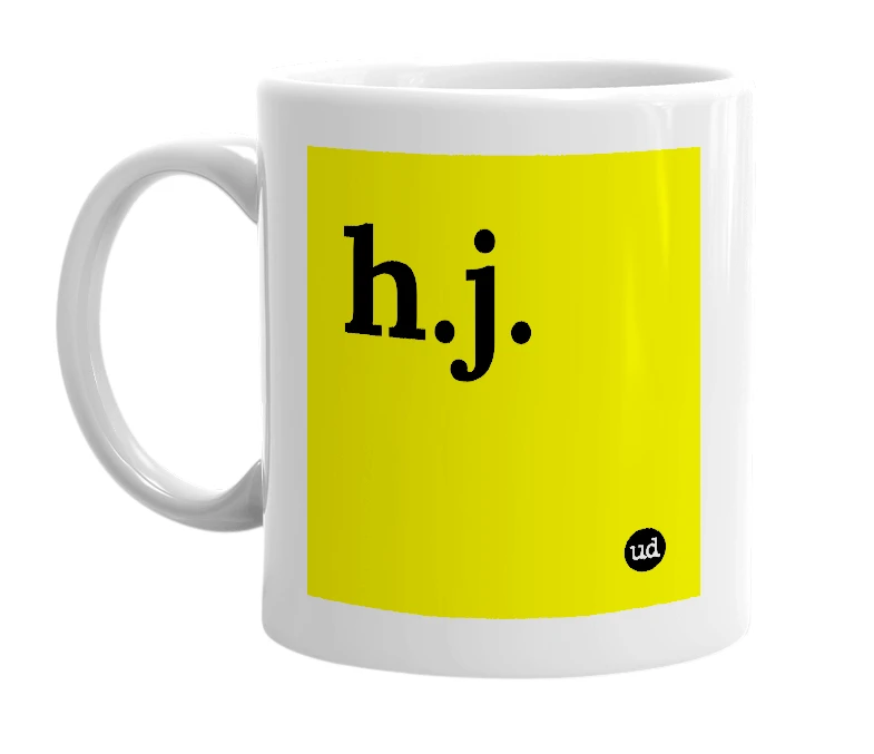 White mug with 'h.j.' in bold black letters