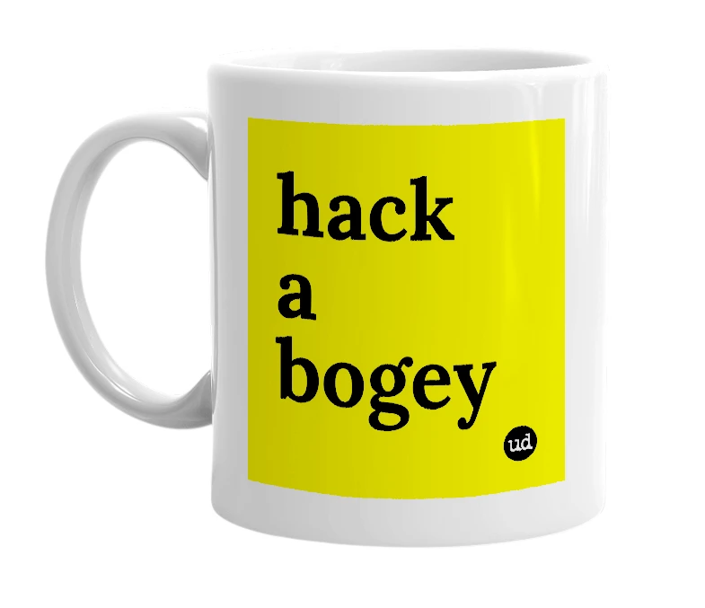 White mug with 'hack a bogey' in bold black letters