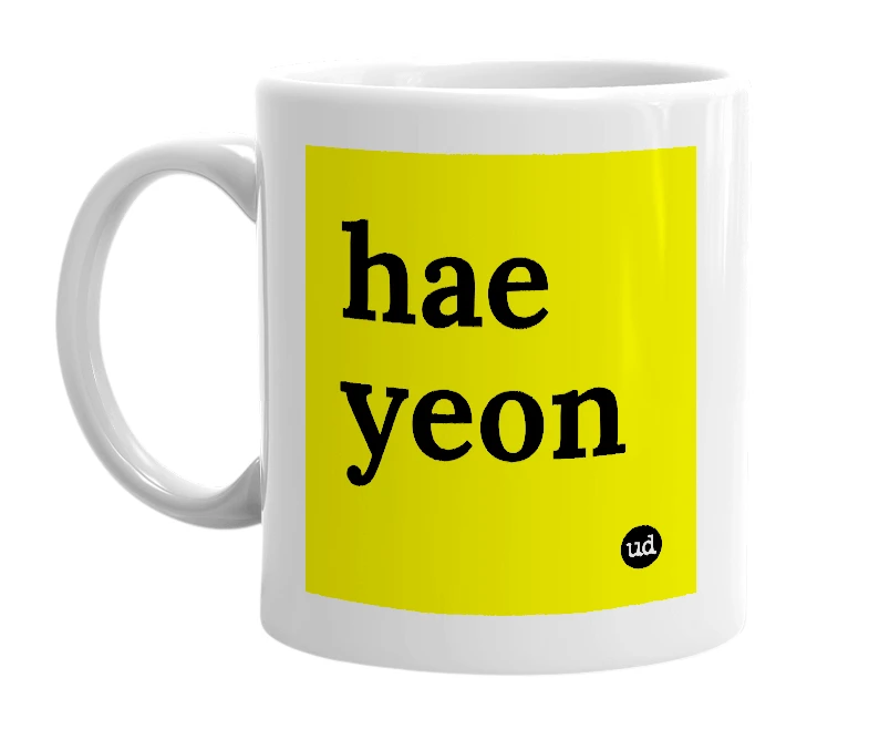 White mug with 'hae yeon' in bold black letters